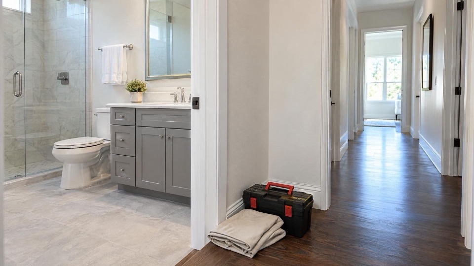 Clean bathroom and hallway after a repair job