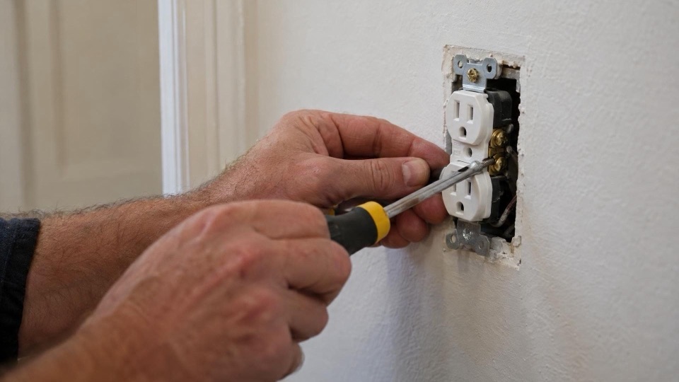 Hands replacing a wall outlet